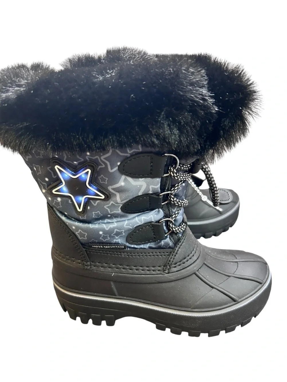 Nova Mountain Light Up Winter Snow Kids  Boots Size 10 NWT Grey Star Faux Fur